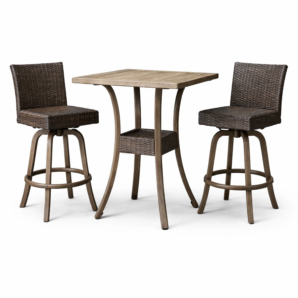 Juego de bar de 3 piezas con mesa de acacia y sillas de ratán-roomzano