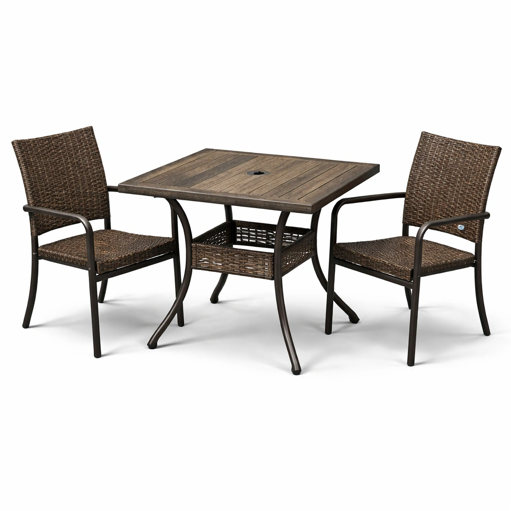 Juego de comedor exterior de mesa cuadrada y sillas de metal y mimbre marrón-roomzano