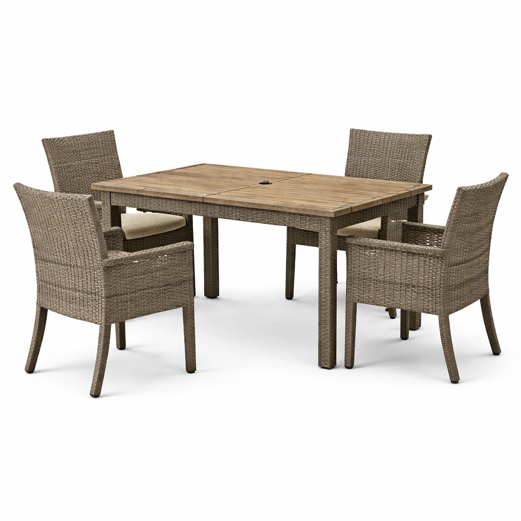 Juego de comedor exterior de mesa y 4 sillas de madera de acacia y ratán sintético-roomzano