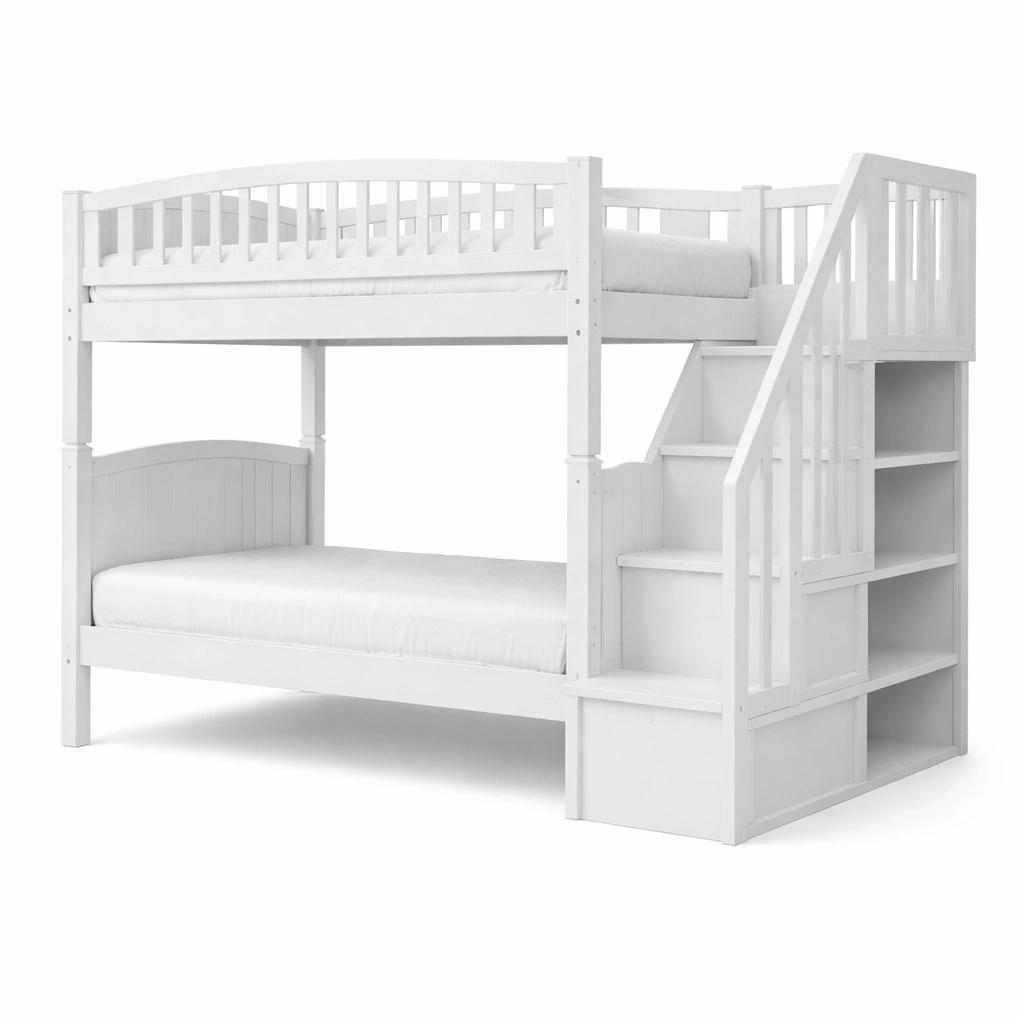 Litera de madera con escalera y almacenamiento integrada blanco-roomzano