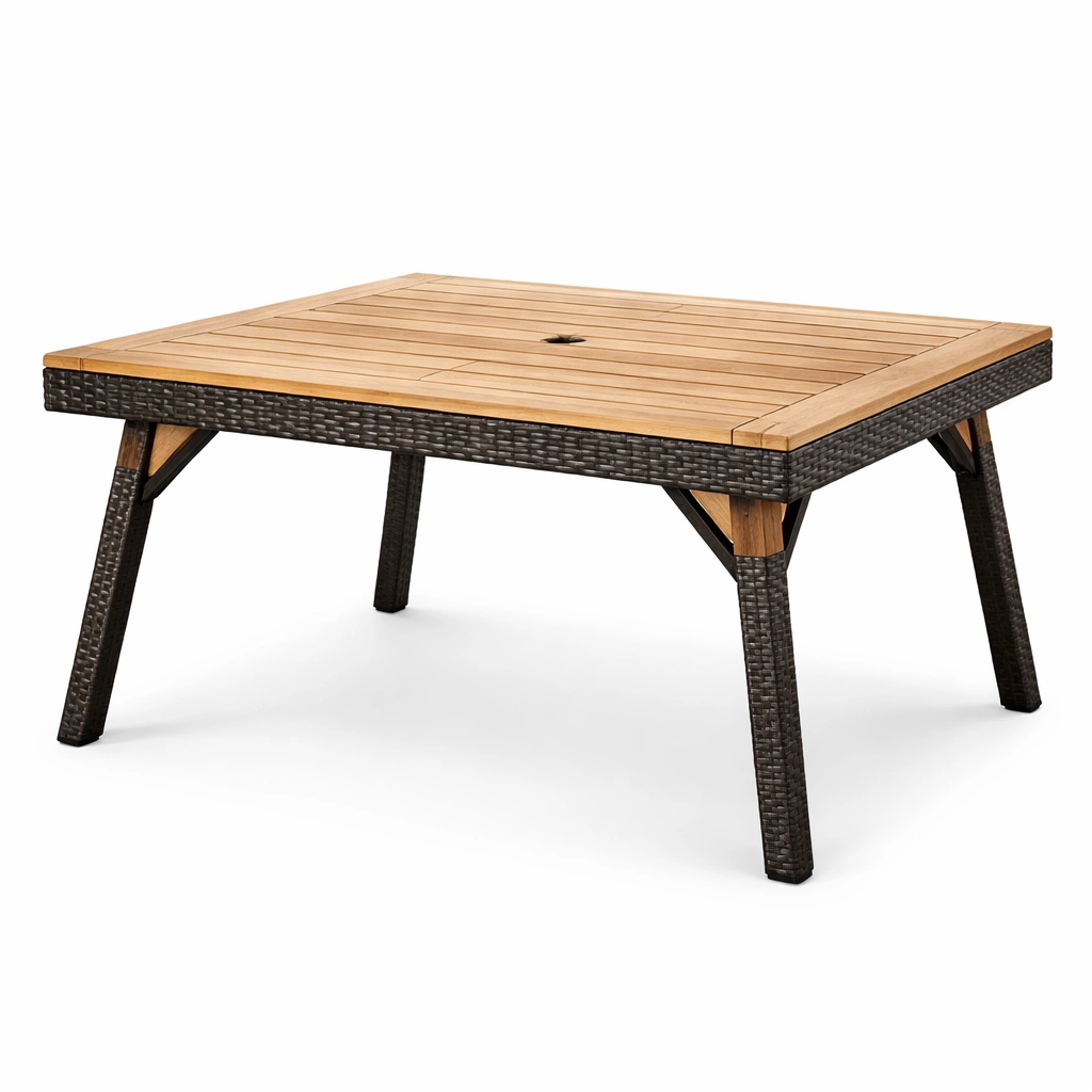 Mesa de comedor exterior rectangular de madera y ratán-roomzano