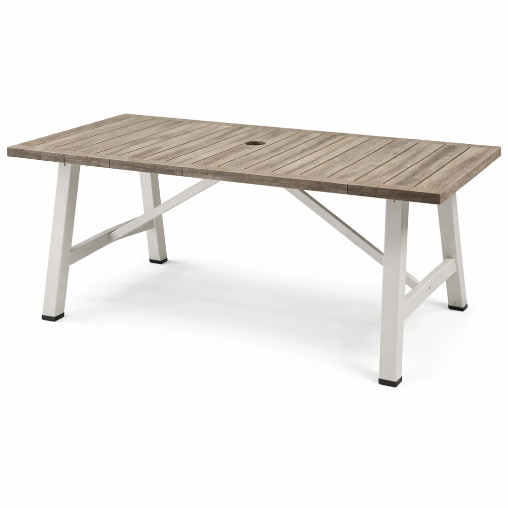 Mesa de comedor exterior rectangular de madera de teca y metal blanca-roomzano