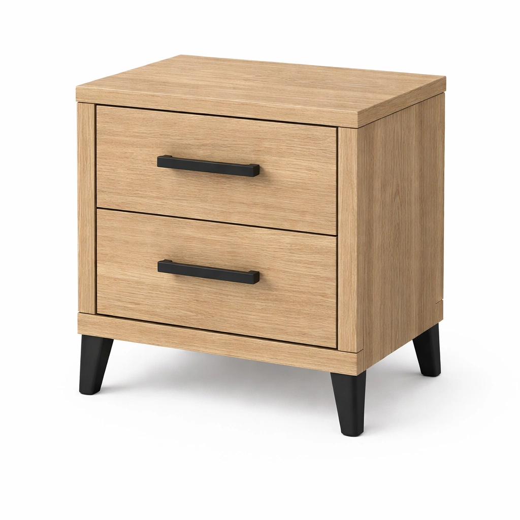 Mesita de noche de aglomerado con chapa de roble y dos cajones-roomzano