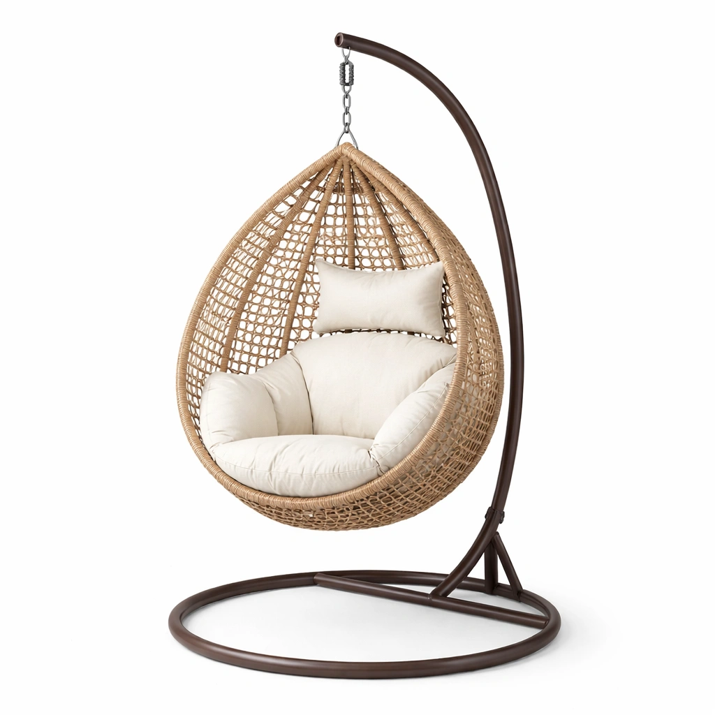 Silla colgante de ratán sintético beige con cojines y soporte de acero-roomzano
