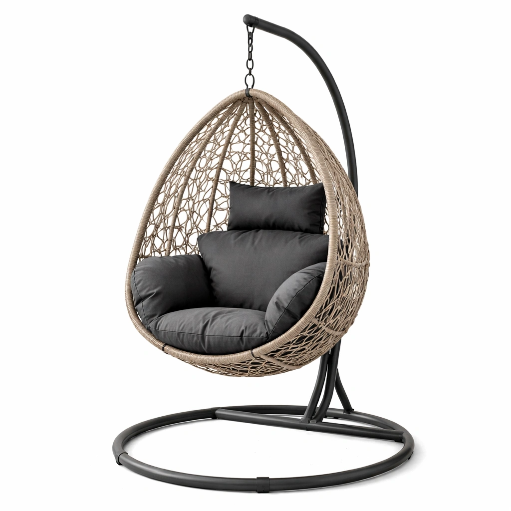 Silla colgante de ratán con soporte de acero y cojines grises-roomzano