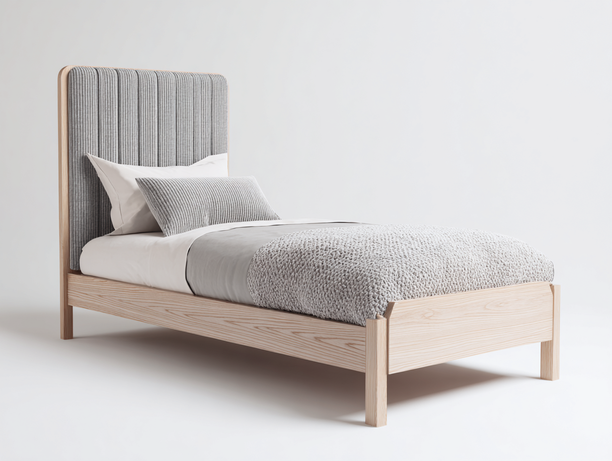 Łóżka pojedyncze - drewno-tkanina - 209x97x123 cm - szary-jasne drewno - skandynawski styl-Midorvaroom