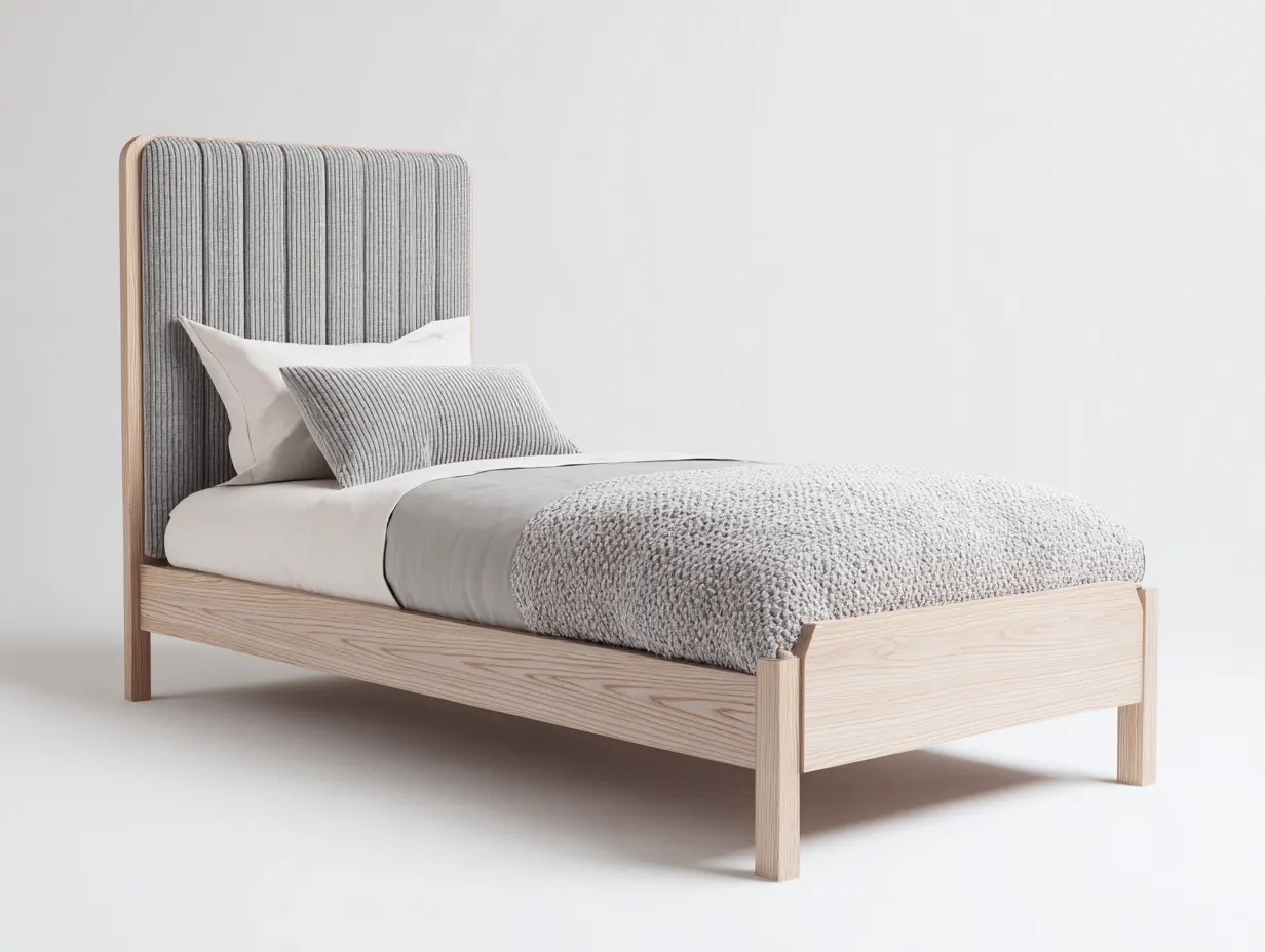 Łóżka pojedyncze - drewno-tkanina - 209x97x123 cm - szary-jasne drewno - skandynawski styl-Midorvaroom