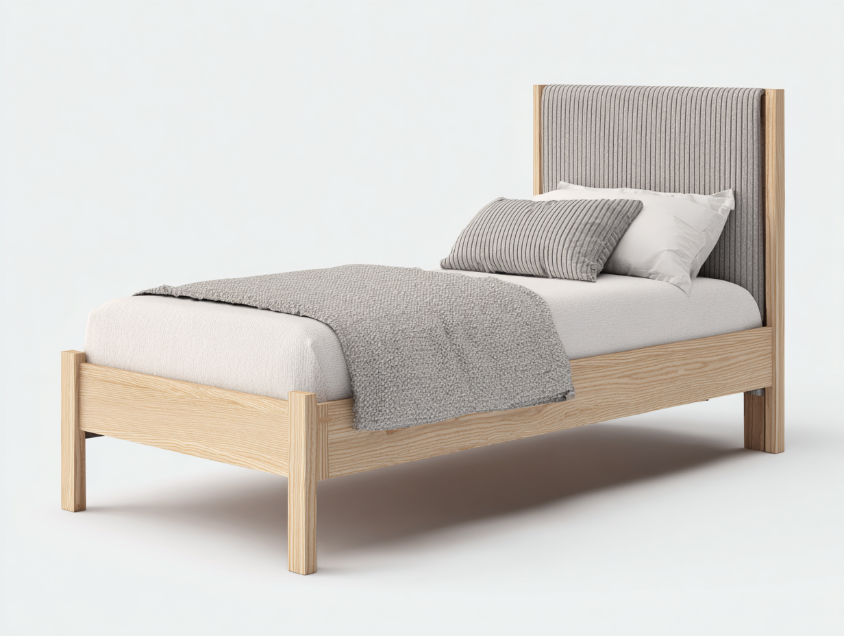 Łóżka pojedyncze - drewno-tkanina - 212x99x119 cm - szary-jasne drewno - minimalistyczny styl-Midorvaroom