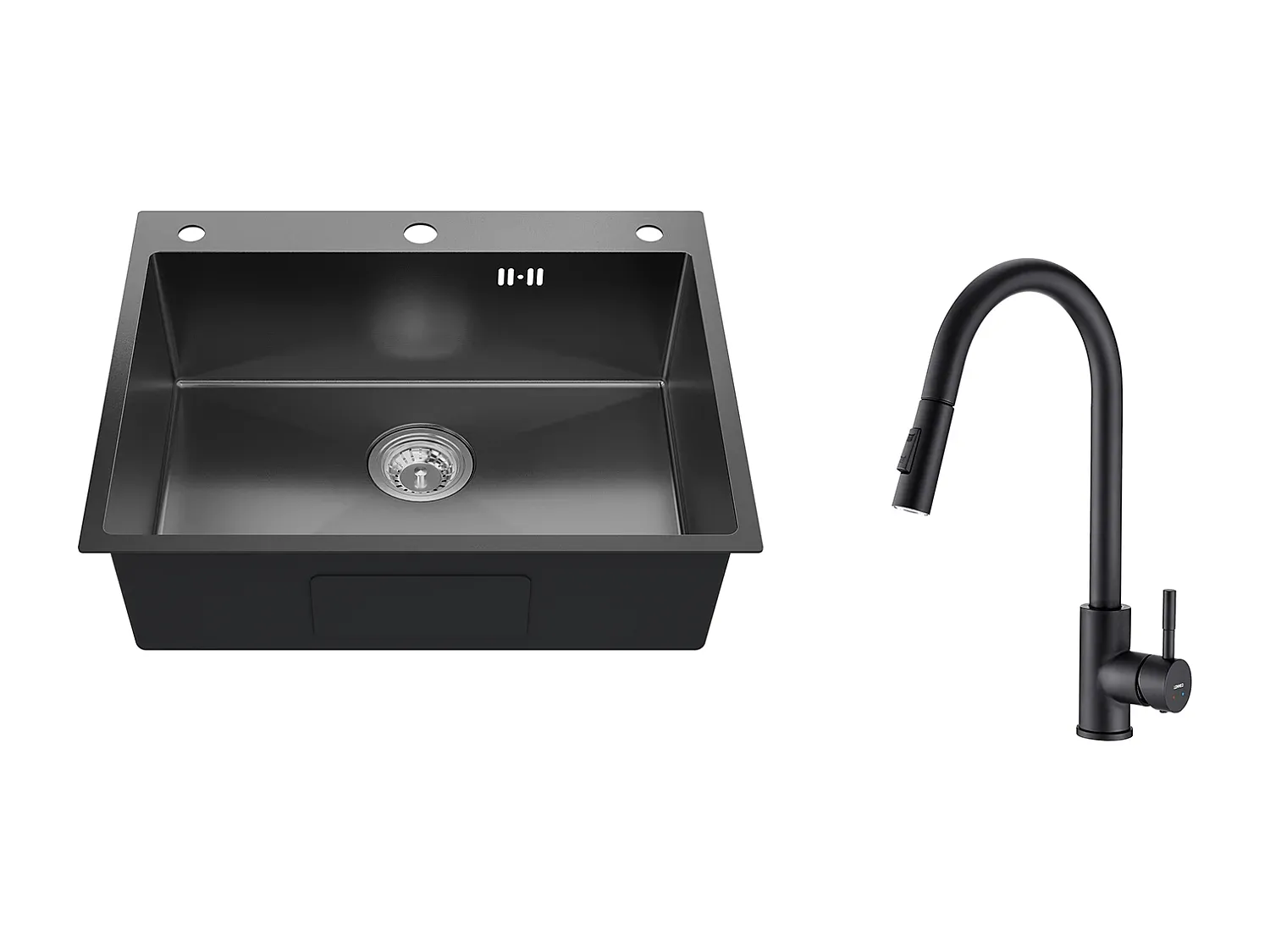 Unterbauspüle Set mit Ausziehbarer Küchenarmatur, Edelstahl, Schwarz