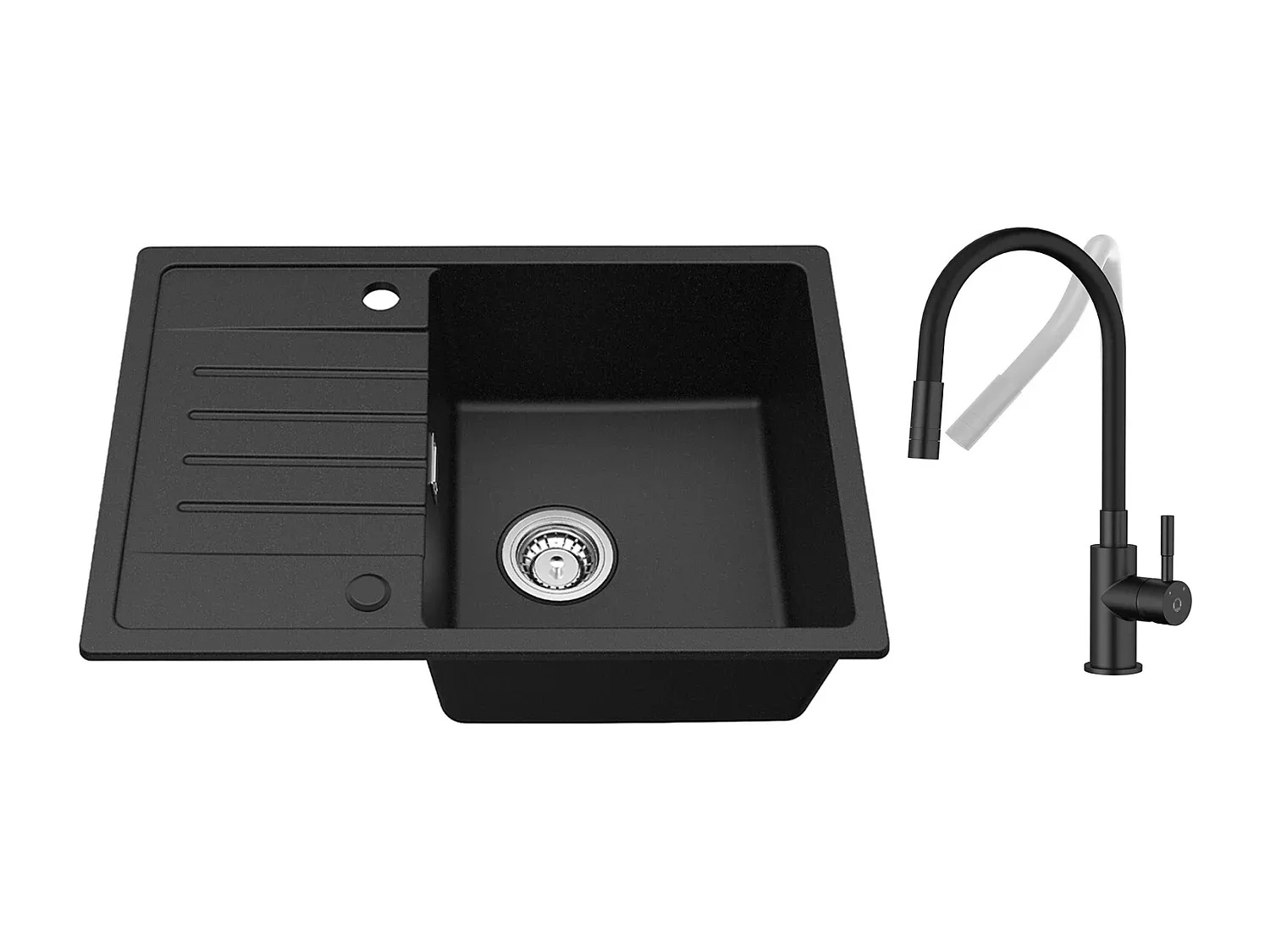 Schwarzes Quarz-Küchenspülbecken mit Abtropffläche und flexiblem Wasserhahn