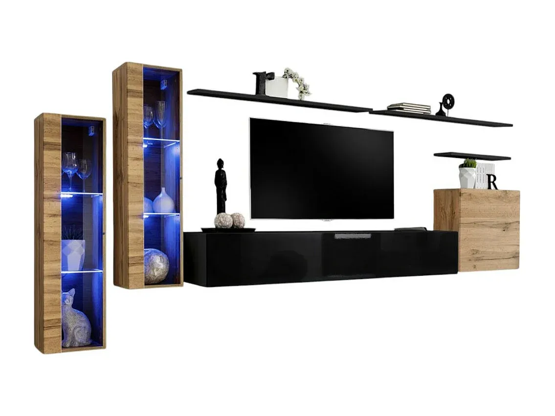 Wohnwand-Set in Schwarz Hochglanz und Wotan Eiche Optik