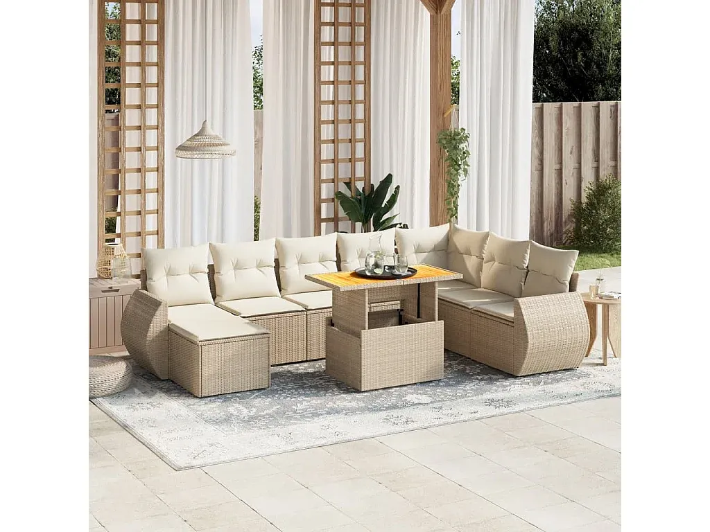 Gemütliche 9-teilige Gartensitzgruppe mit Kissen aus Polyrattan in Beige