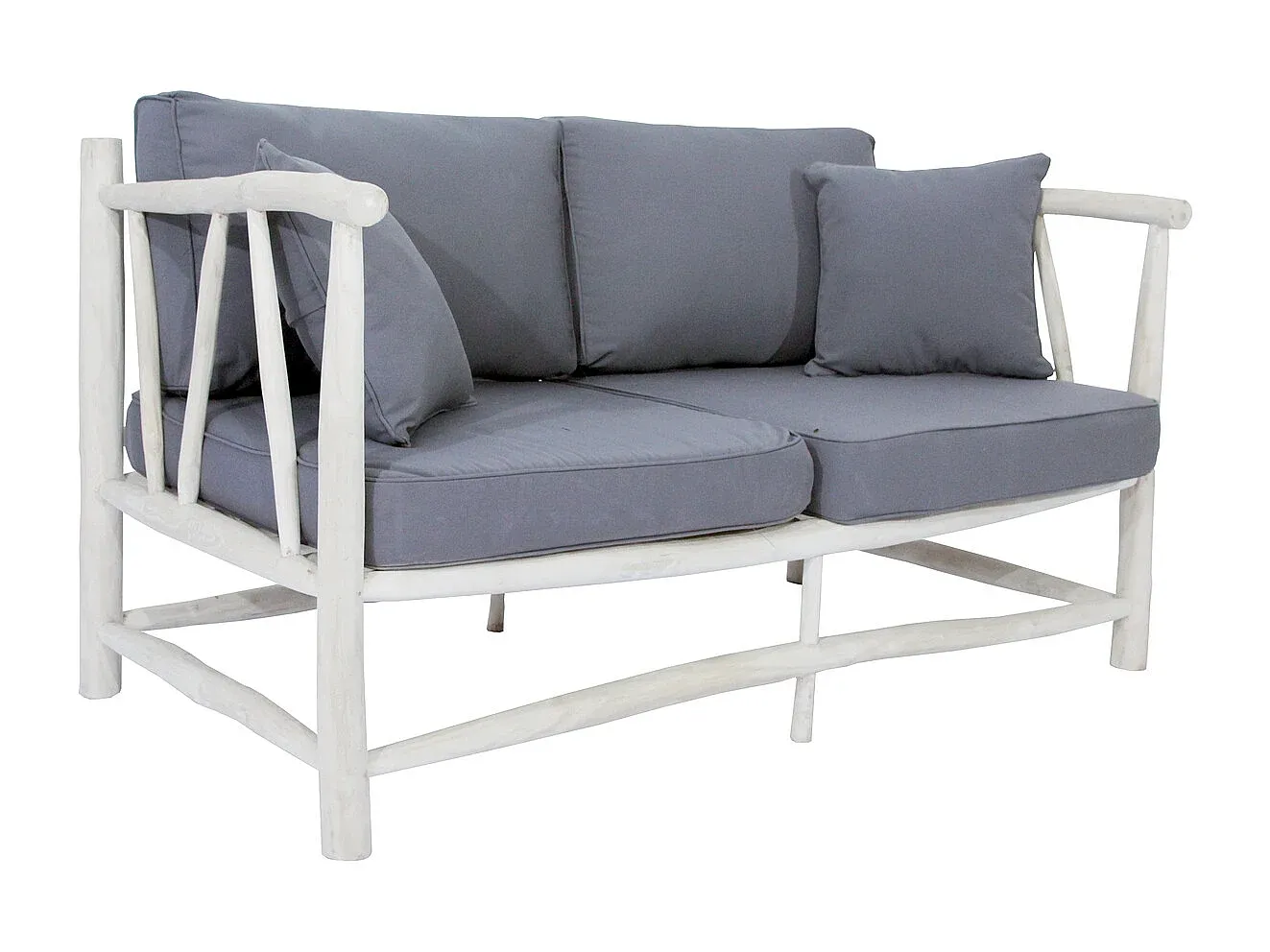 Teakholz-Zweisitzer mit grauem Sitzpolster, ethnisches Design