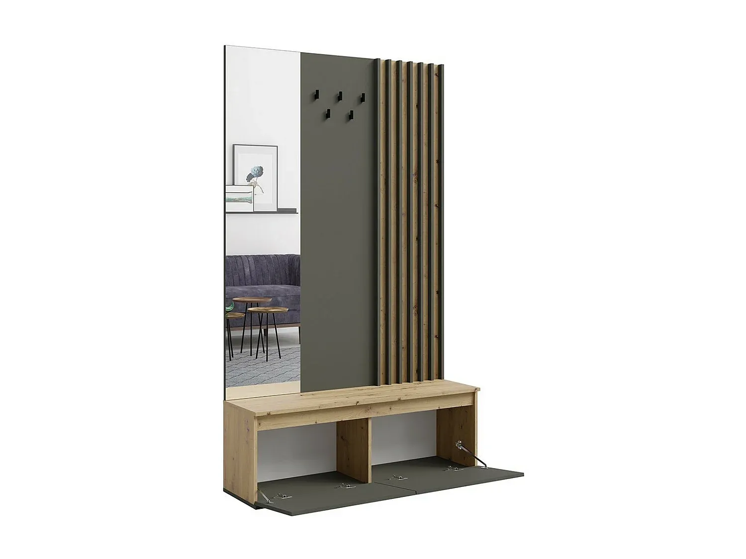 Garderobenmöbel mit Spiegel und Haken aus Eichenholz, 120 cm