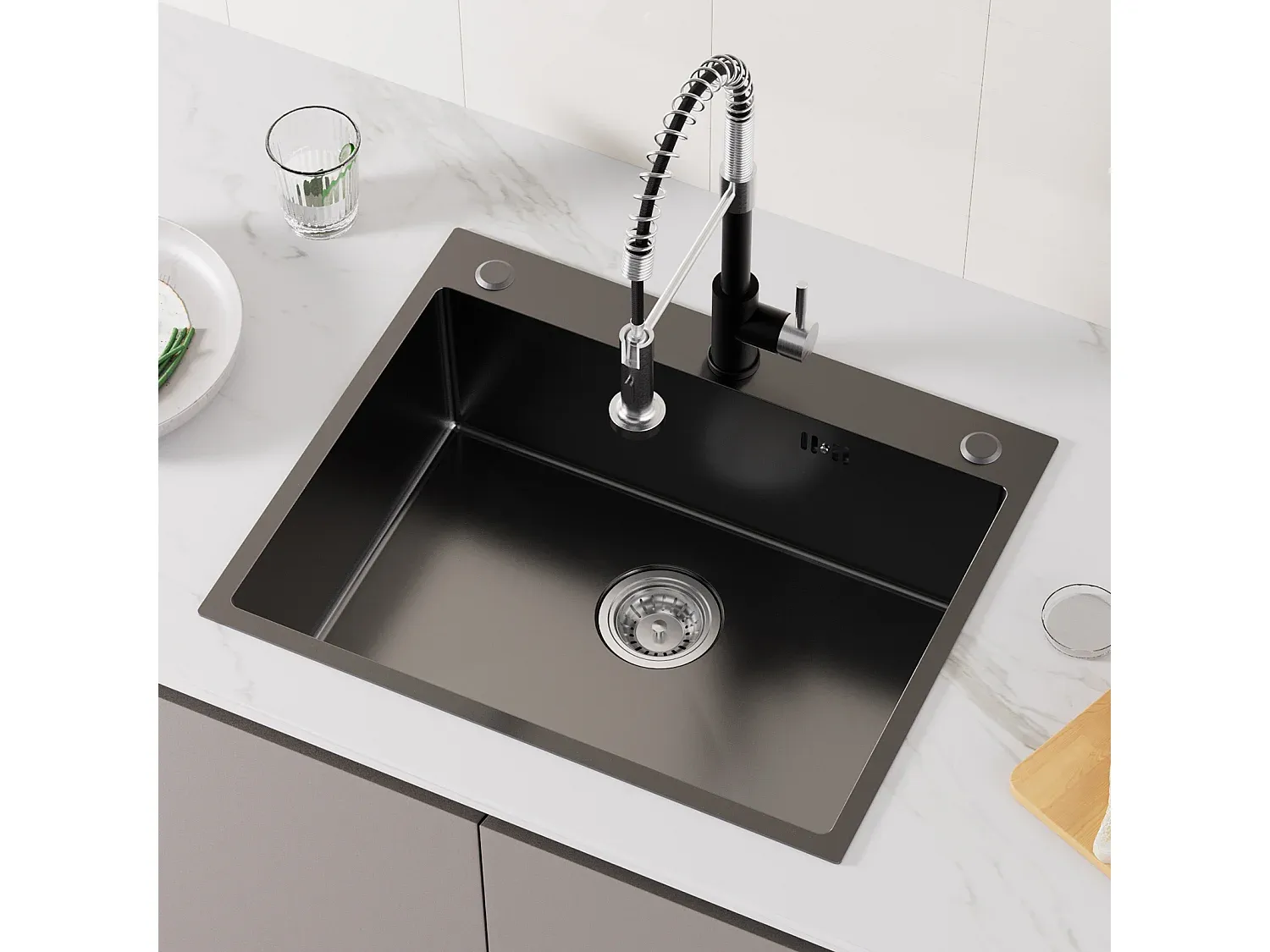 Unterbauspüle Set mit Ausziehbarer Küchenarmatur, Edelstahl, Schwarz