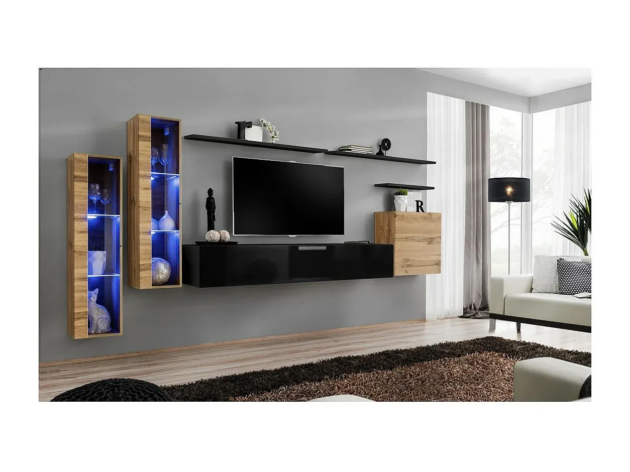 Wohnwand-Set in Schwarz Hochglanz und Wotan Eiche Optik