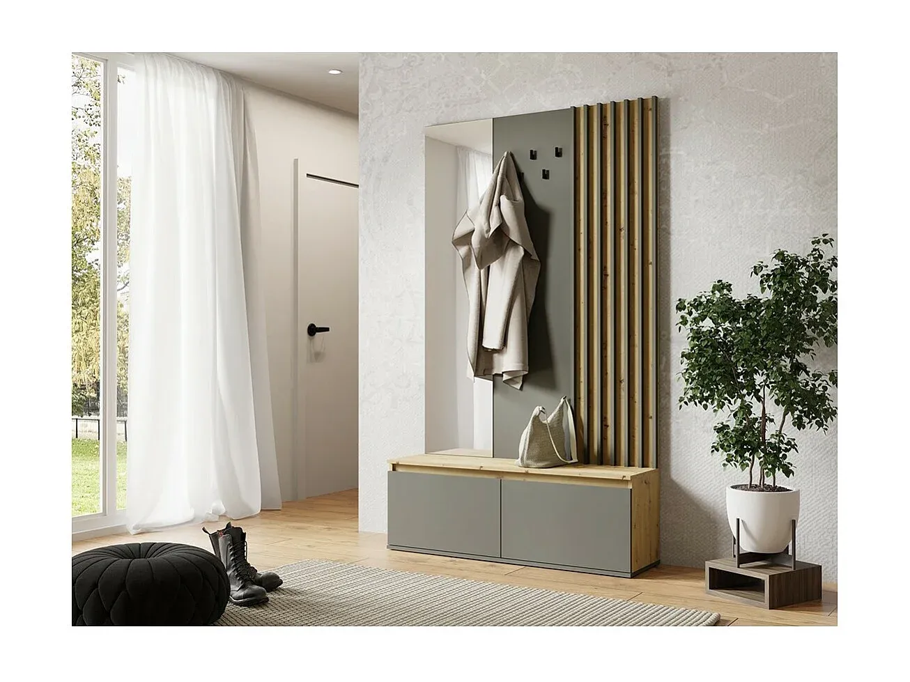 Garderobenmöbel mit Spiegel und Haken aus Eichenholz, 120 cm