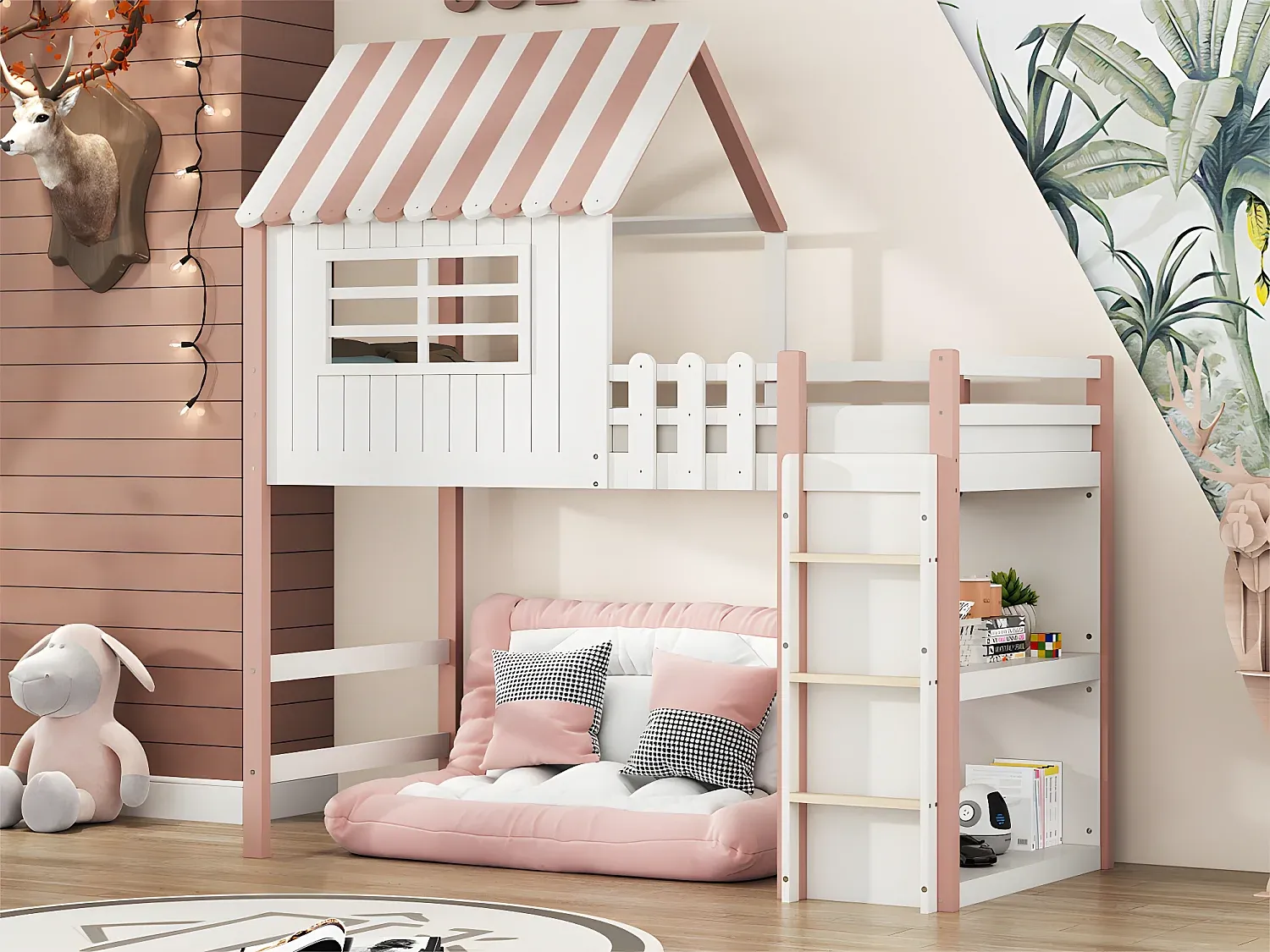 Massivholz Etagenbett 90x200 cm mit Leiter und Sicherheitsbarriere