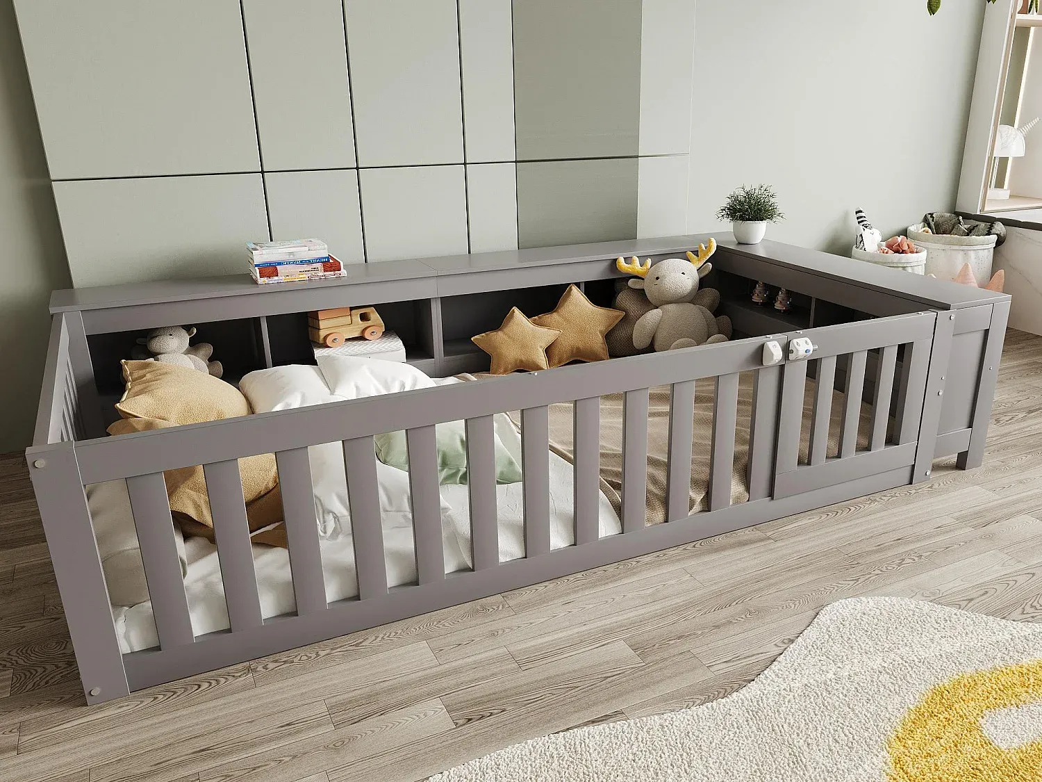 Jugendbett mit Stauraum und Lattenrost, grau, 90x200 cm