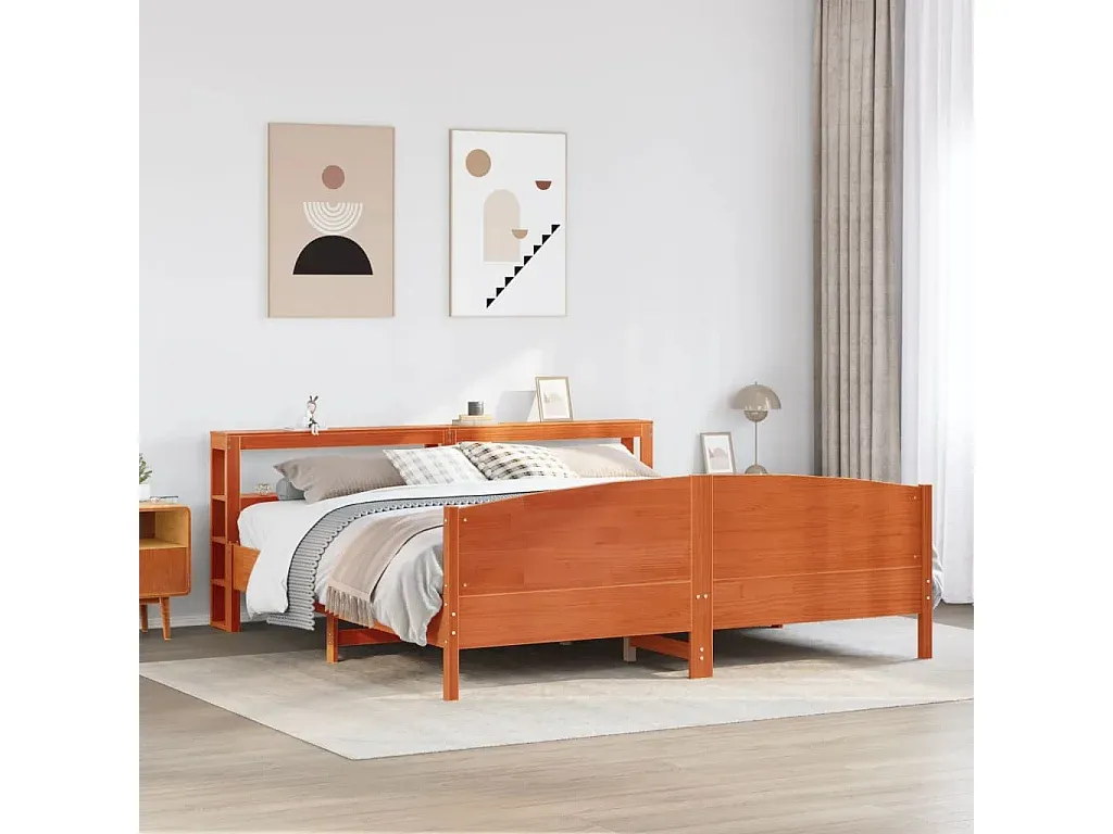 Geräumiges Doppelbett aus Kiefernholz, wachsbraun, 200x200 cm