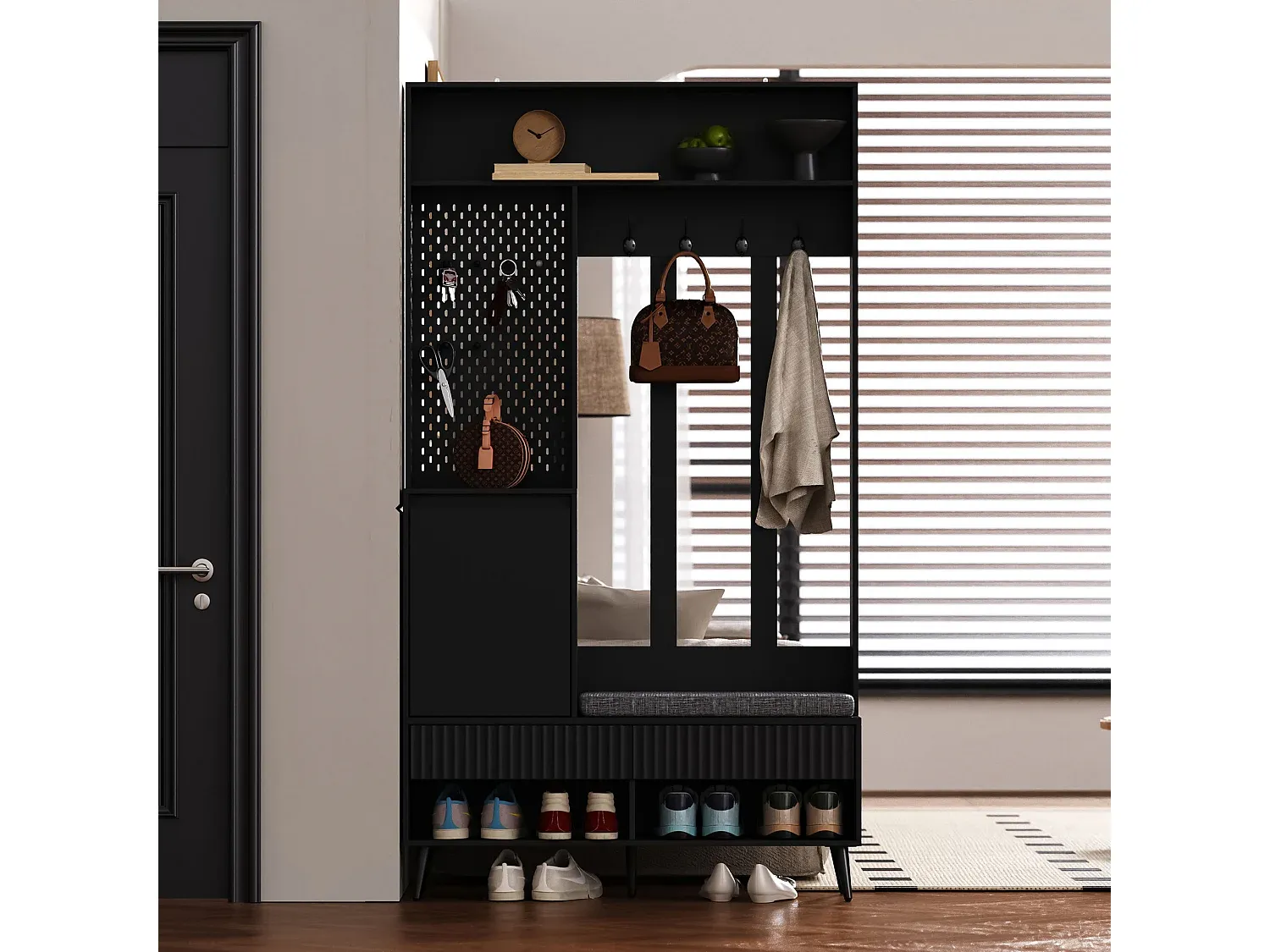 Flurgarderobe mit Haken, Tür und Schubladen in Schwarz