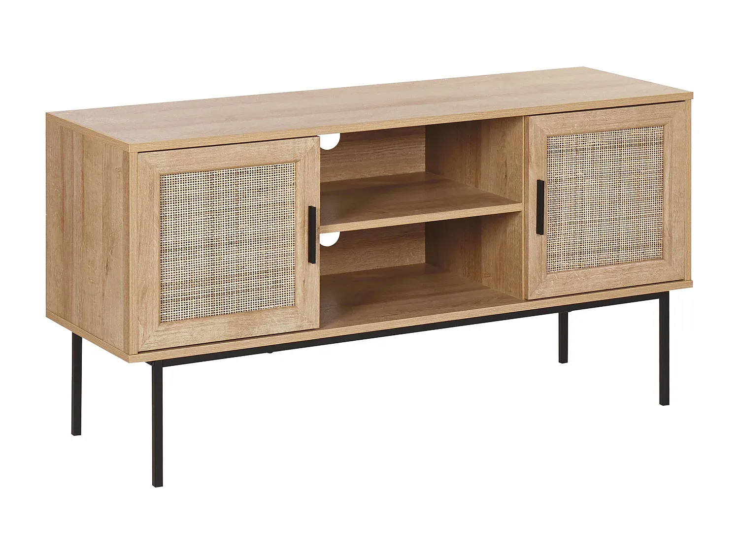 Fernsehtisch aus hellem Holz mit Rattan-Türen 120 x 39 x 63 cm
