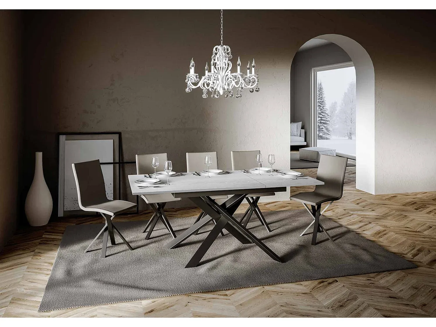 Ausziehbarer Esstisch 90x120/180 cm in Esche Weiß mit Eisenrahmen