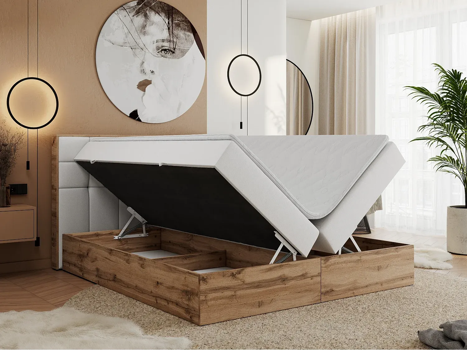 Komfortables Polsterbett mit gestepptem Kopfteil und Multipocket-Matratze - 140x200 cm - H3 - Weiß