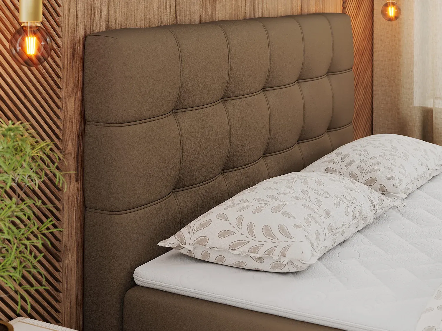 Komfortables Boxspringbett mit Kopfteil und Bettkasten, 140x200 cm, Braun Kunstleder