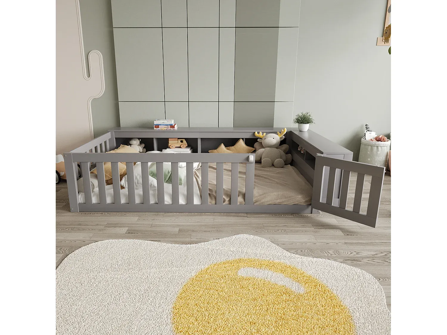 Jugendbett mit Stauraum und Lattenrost, grau, 90x200 cm