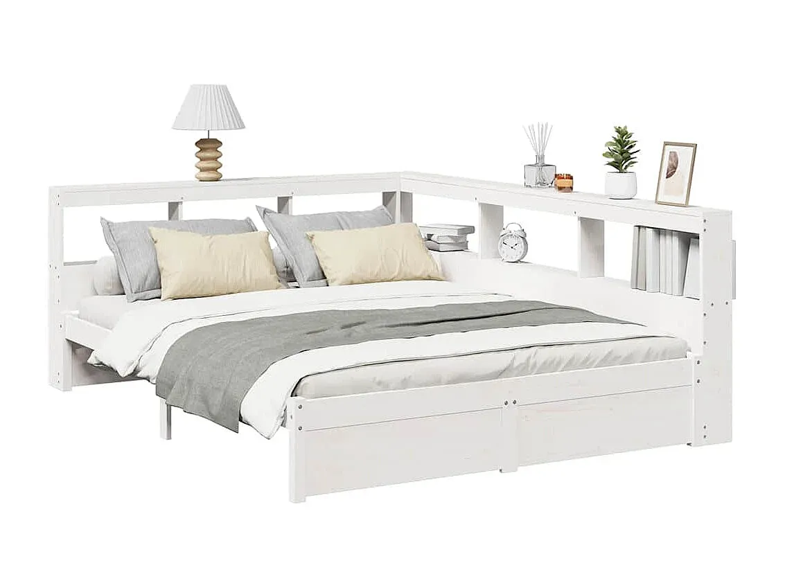 Holzbett mit integriertem Regal, ohne Matratze, 150x200 cm, Weiß