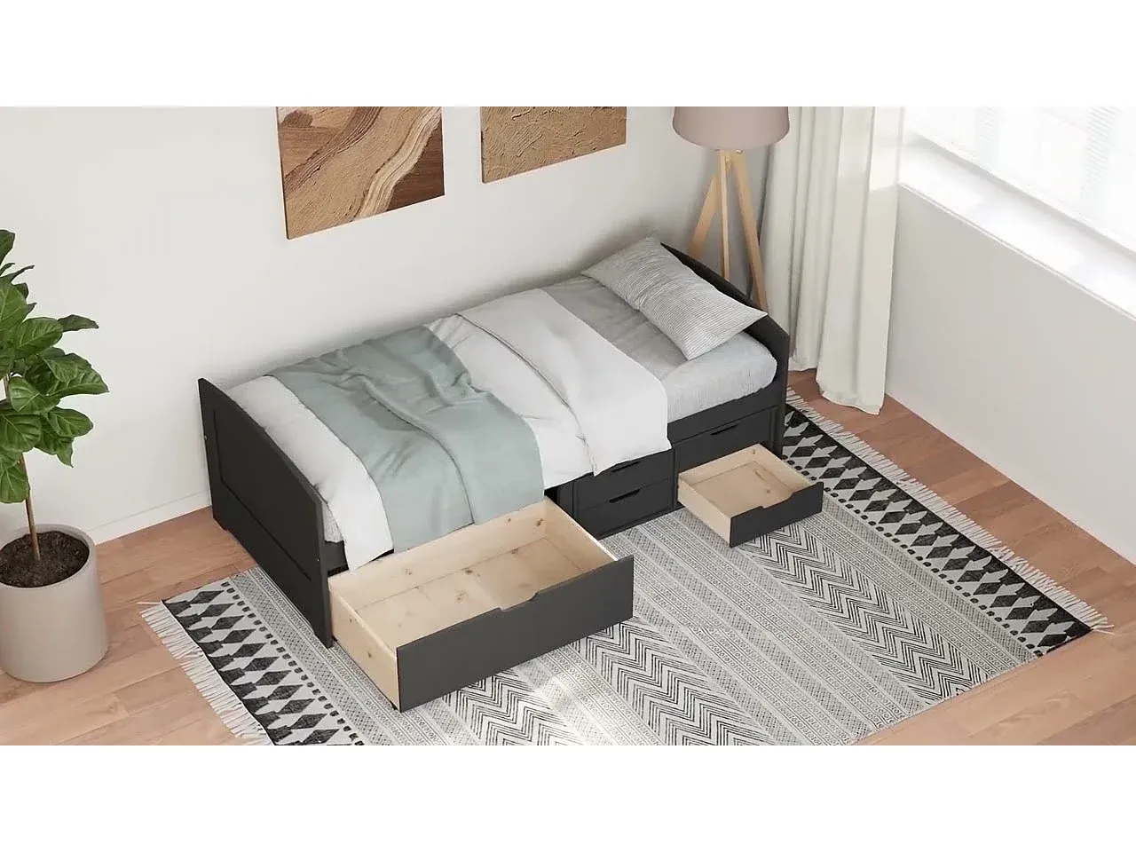 Schwarzes Tagesbett mit 5 Schubladen, 90x200 cm