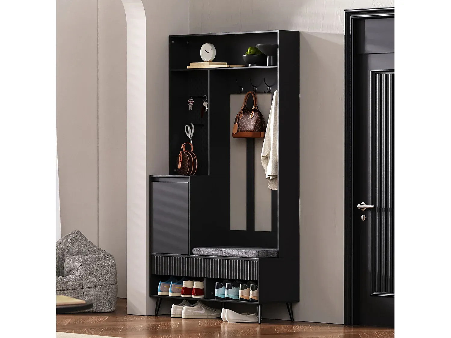 Flurgarderobe mit Haken, Tür und Schubladen in Schwarz