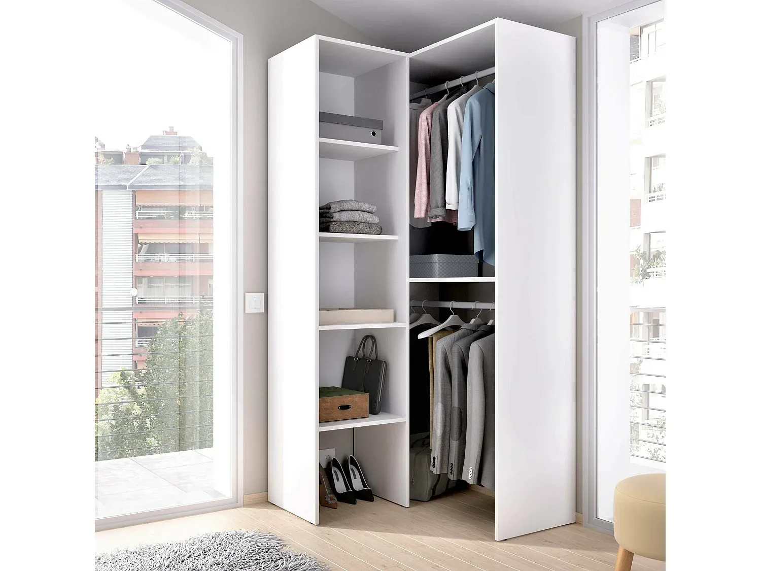 Eckkleiderschrank Struktur, Offene Garderobenlösung, Weiß, 79x88x186 cm