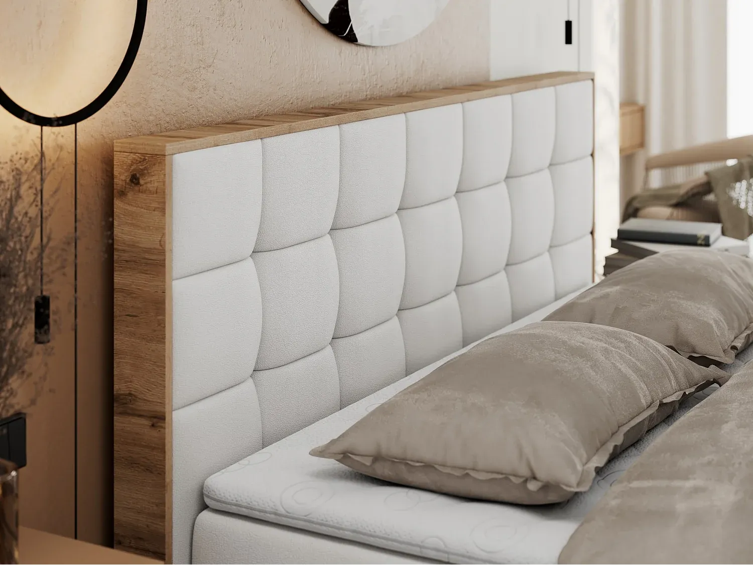 Komfortables Polsterbett mit gestepptem Kopfteil und Multipocket-Matratze - 140x200 cm - H3 - Weiß