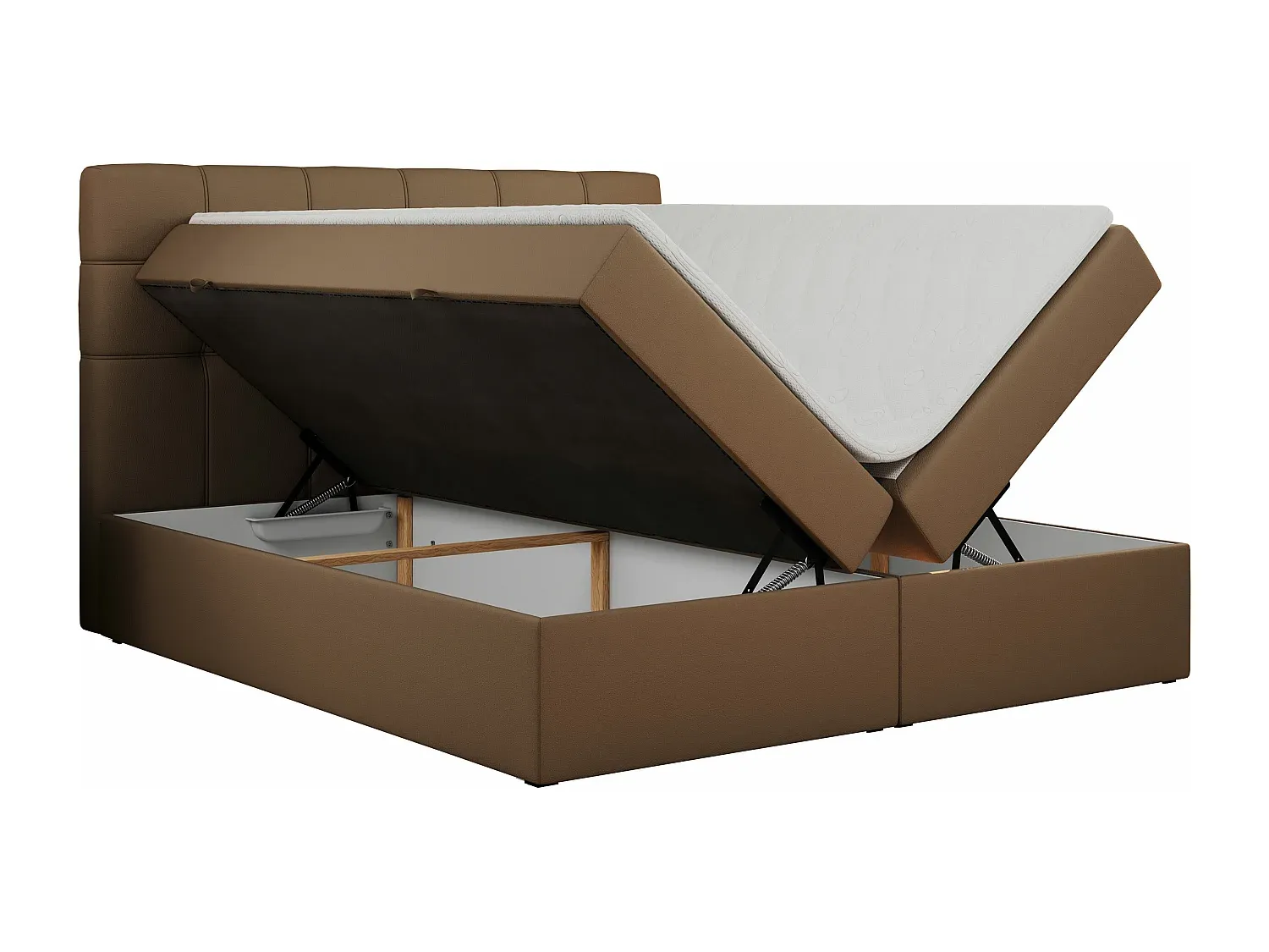 Komfortables Boxspringbett mit Kopfteil und Bettkasten, 140x200 cm, Braun Kunstleder