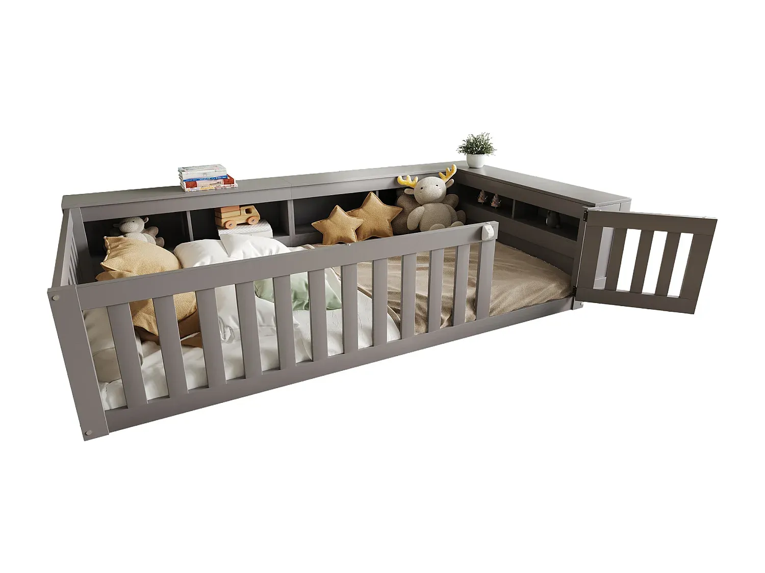 Jugendbett mit Stauraum und Lattenrost, grau, 90x200 cm