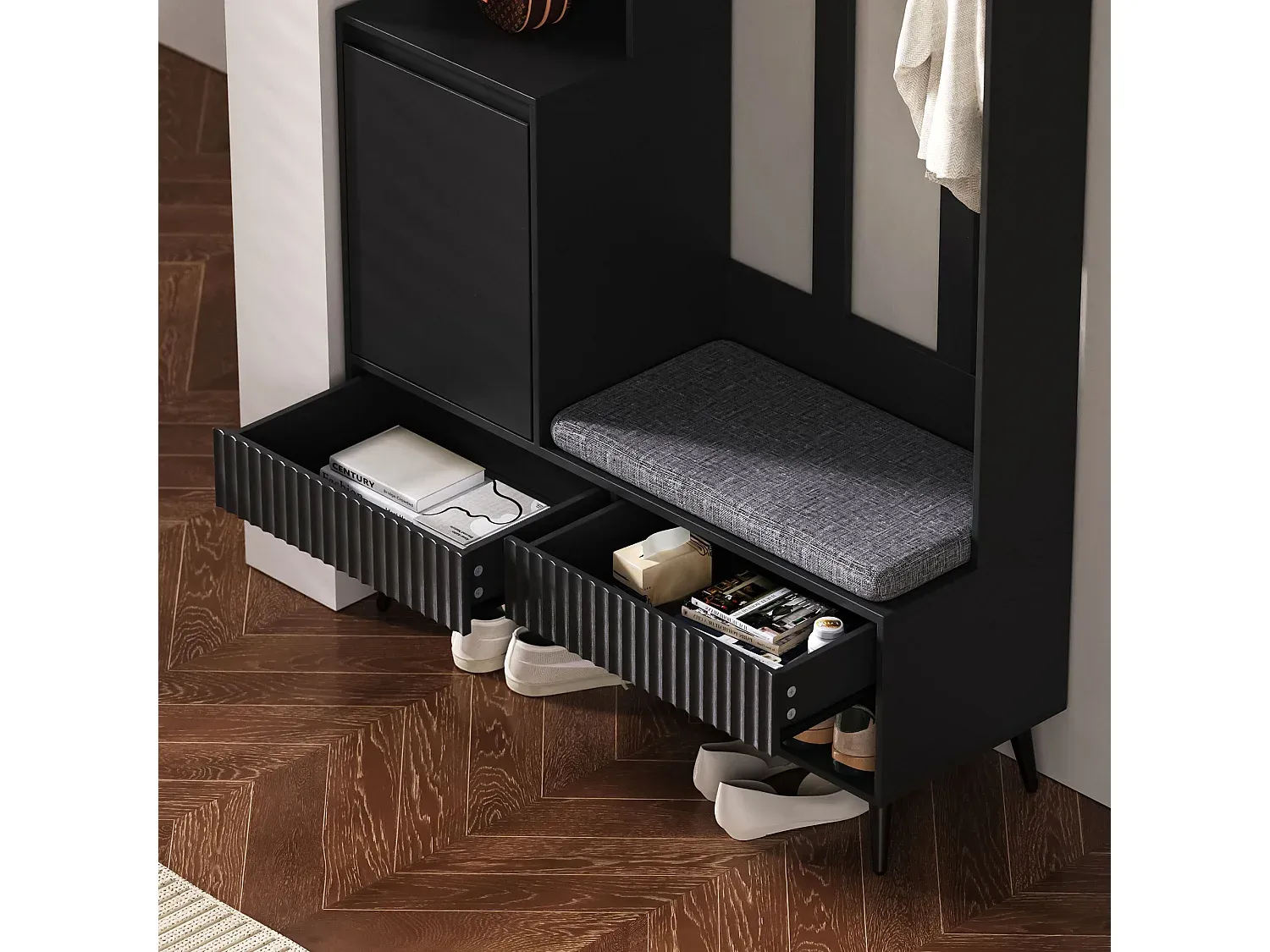 Flurgarderobe mit Haken, Tür und Schubladen in Schwarz