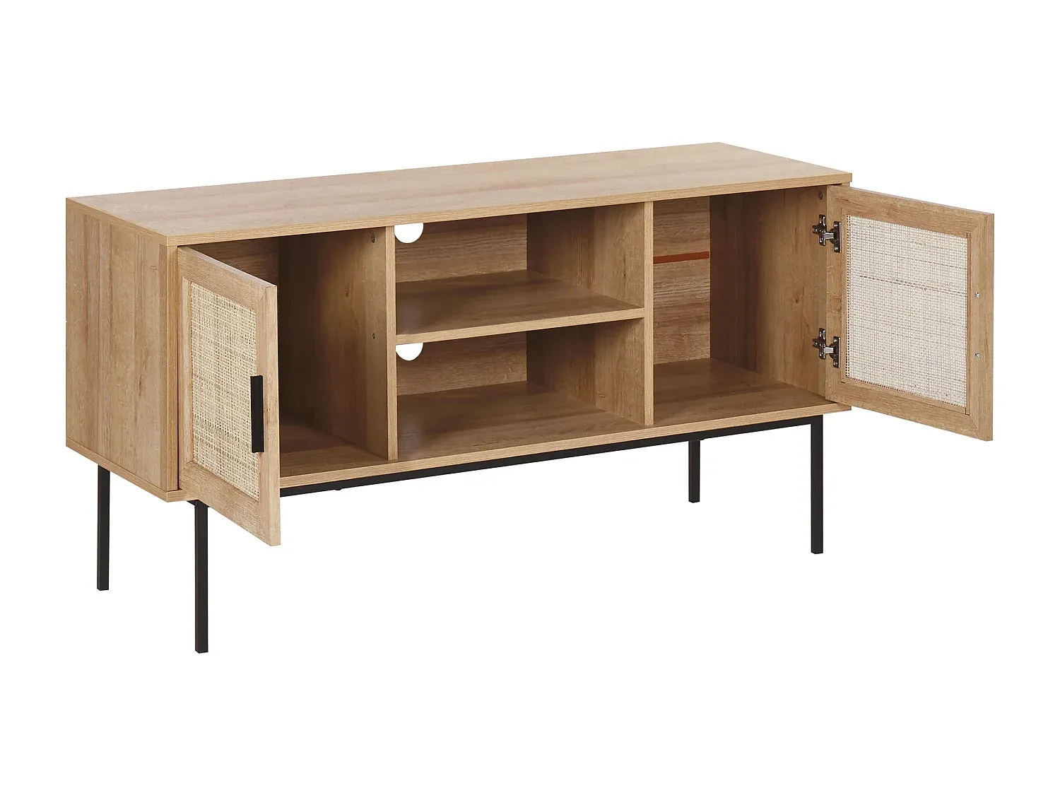 Fernsehtisch aus hellem Holz mit Rattan-Türen 120 x 39 x 63 cm