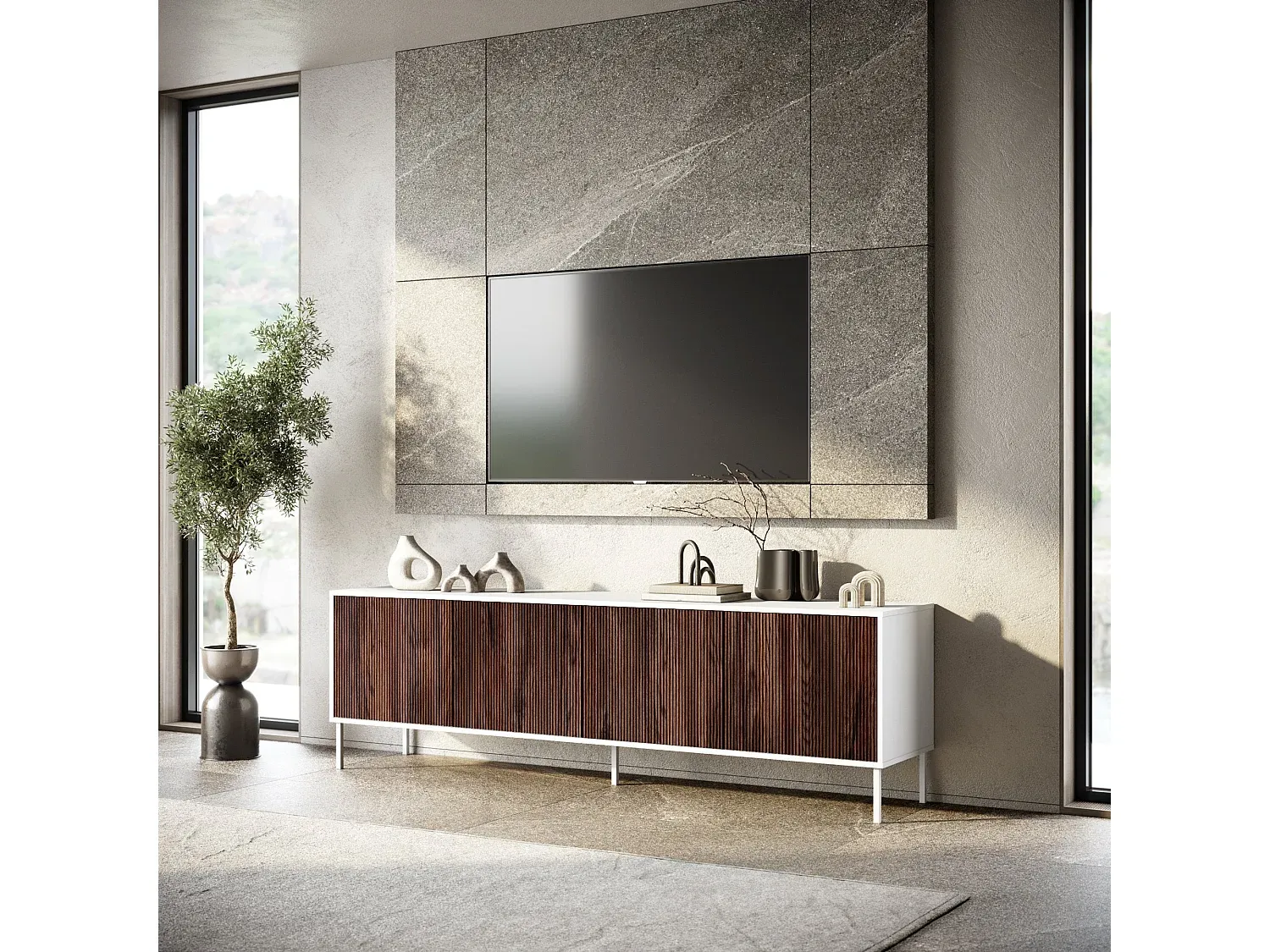 Elegantes Buffet mit Vier Türen in Weiß und Eiche