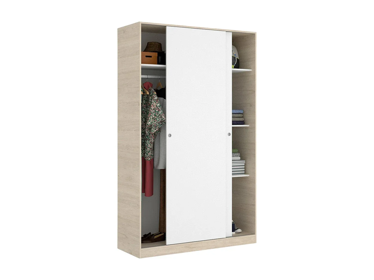 Schlafzimmerschrank mit Schiebetüren, Weiß und Eiche, 120x50x204 cm