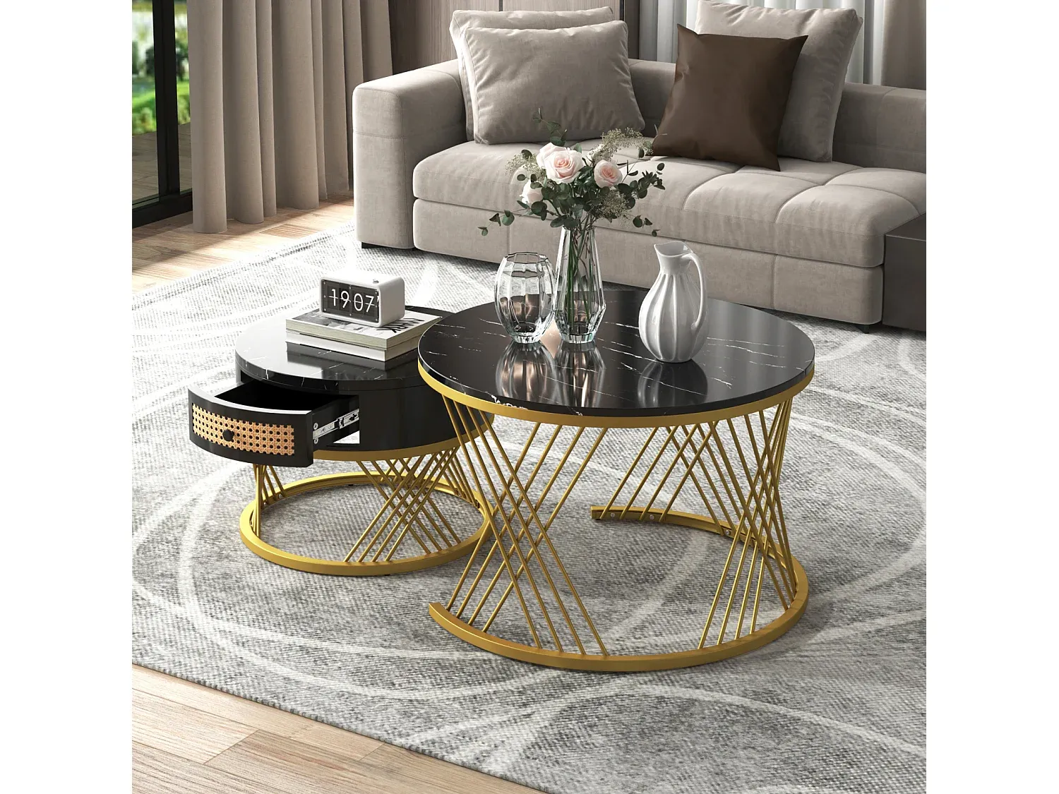 Runder Couchtisch-Set mit Marmorplatte und Rattanschubladen