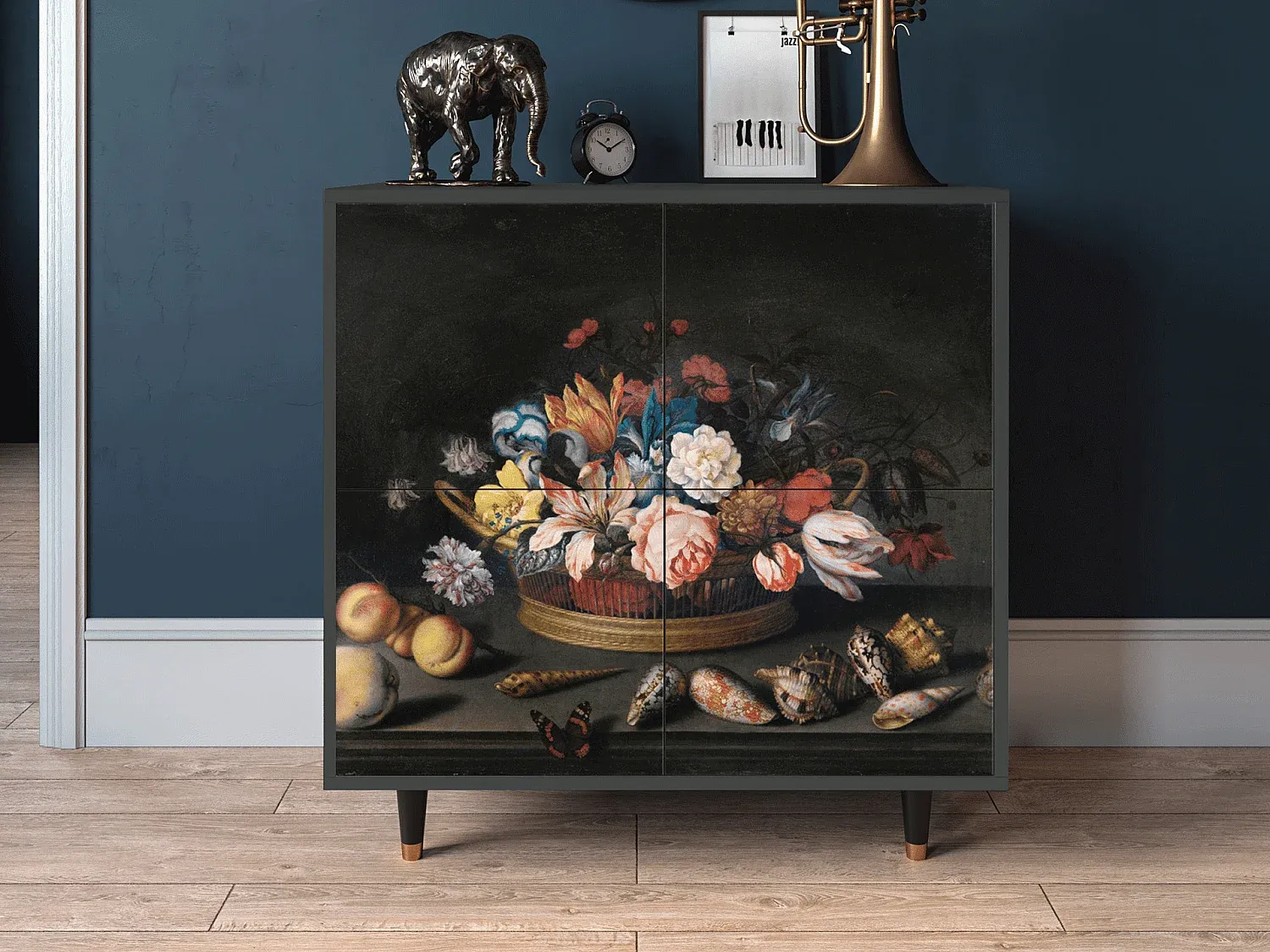 Großes Anthrazit Sideboard mit Blumenmotiv