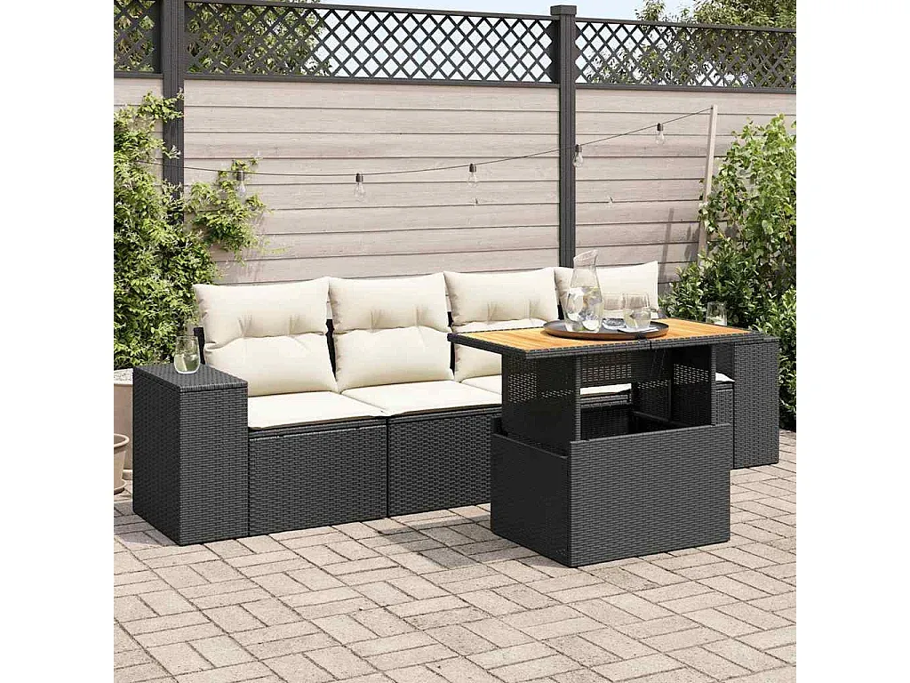 Gartenmöbel-Set aus Polyrattan mit Kissen, Schwarz