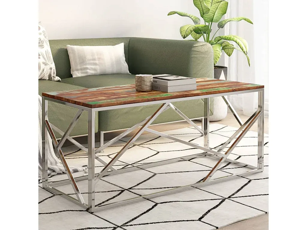 Moderner Wohnzimmertisch aus Edelstahl und Altholz