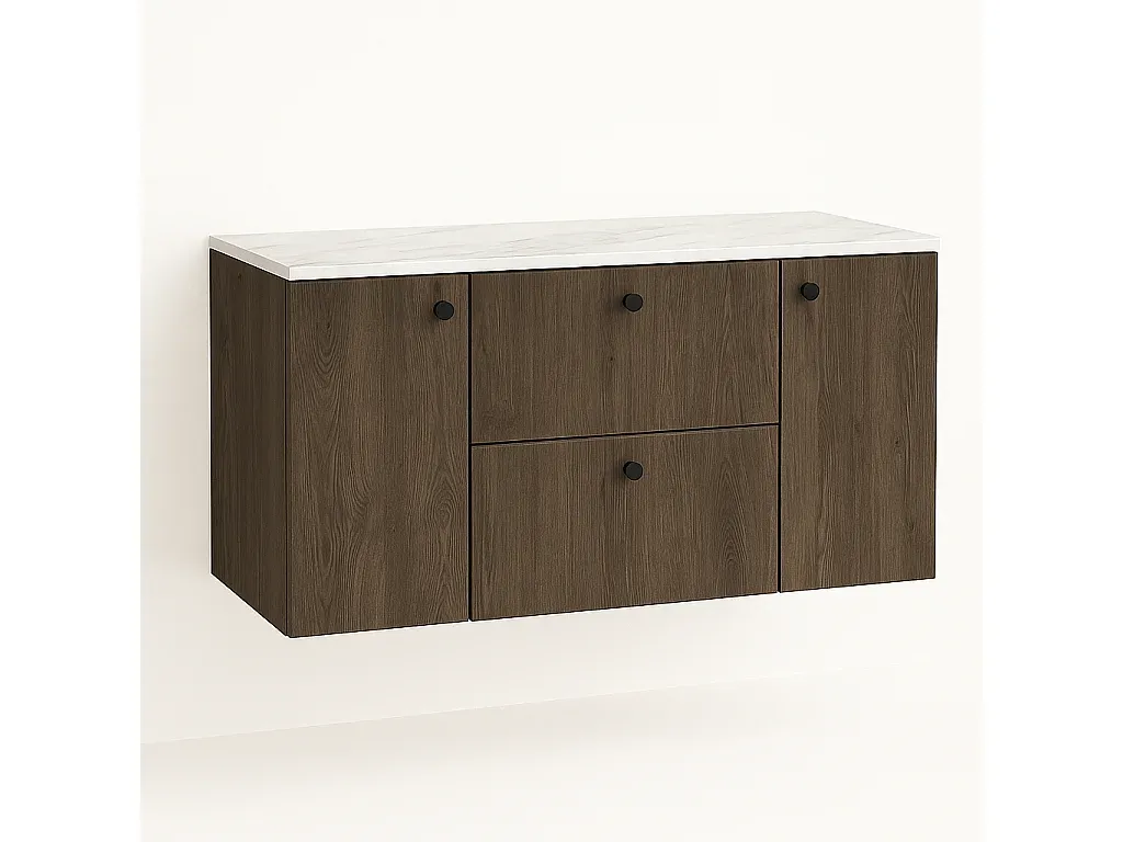 Moderner Badunterschrank mit Stauraum, Walnuss Dunkel und Marmoroptik