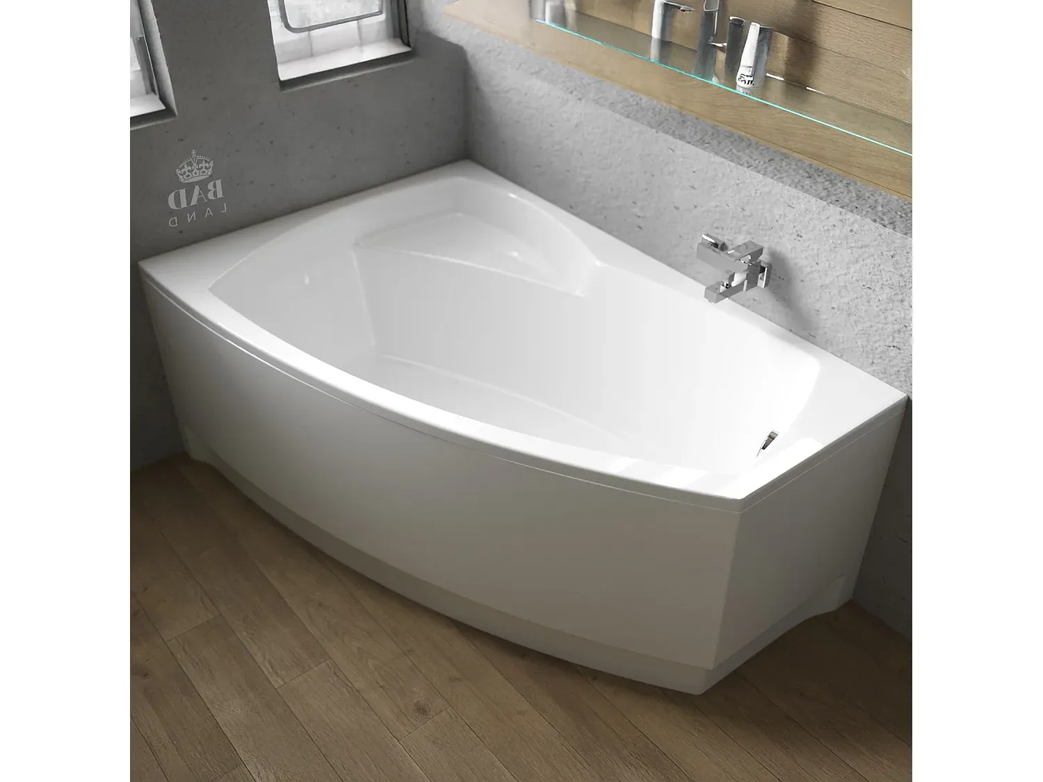 Eckbadewanne 140x80 cm mit Schürze, Ablauf und Füßen