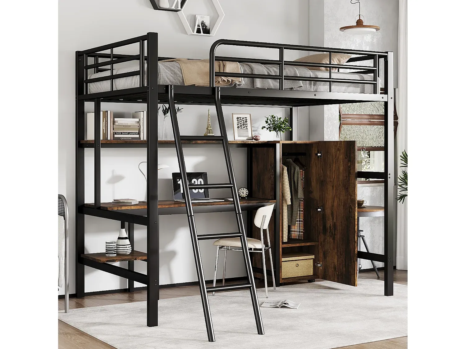 Hochbett mit Stauraum und Schreibtisch, Leiter, Schwarz, 90x200 cm