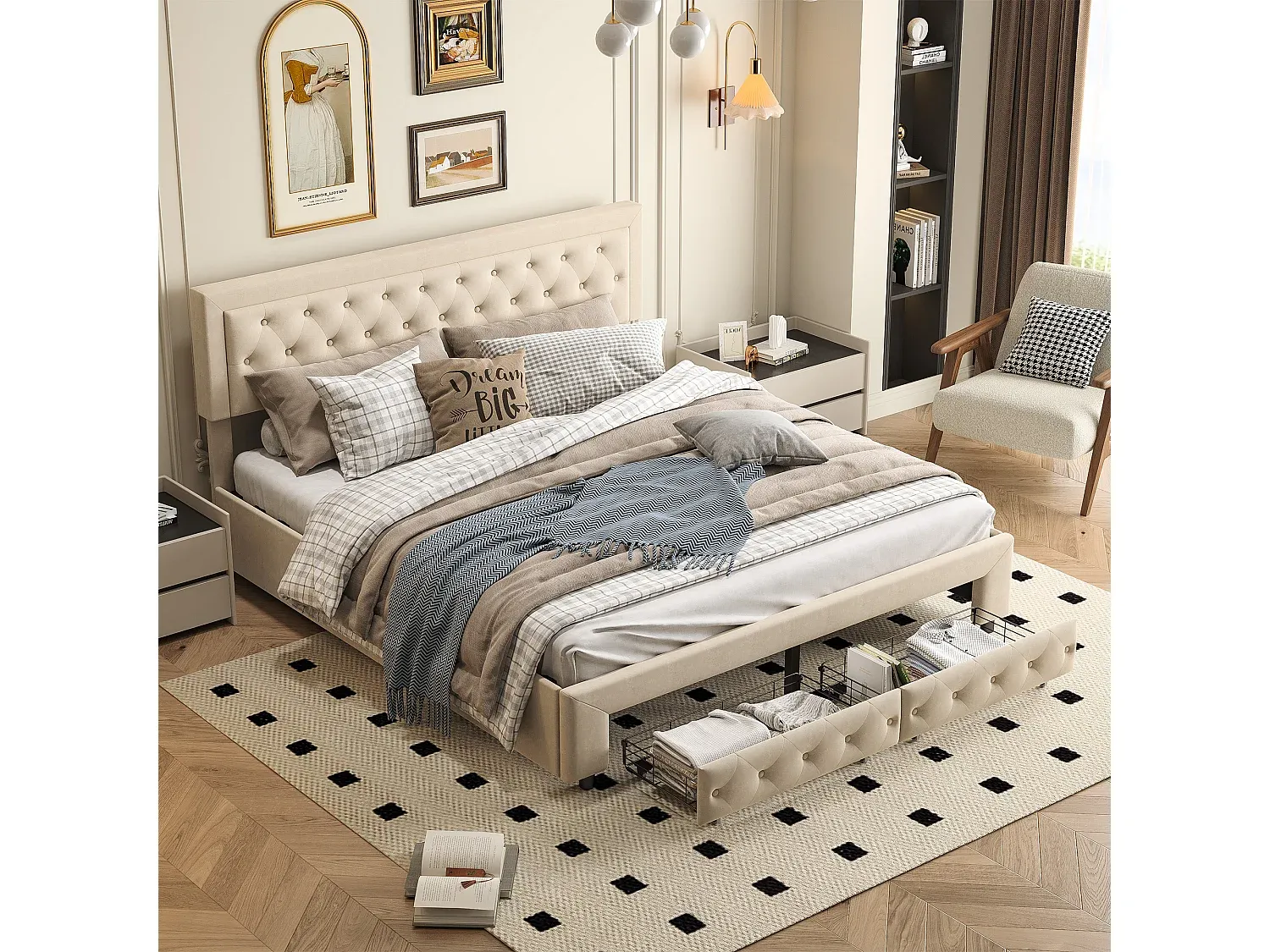 Gepolstertes Doppelbett mit Stauraum und Schubladen, Beige