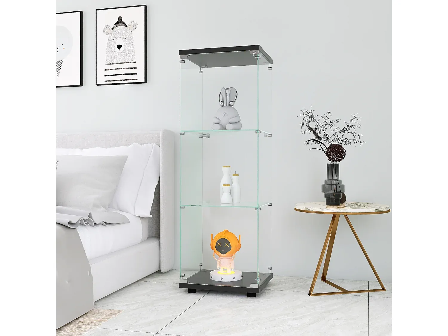 Moderne Holzvitrine mit Schlössern, drei Regalebenen, schwarz